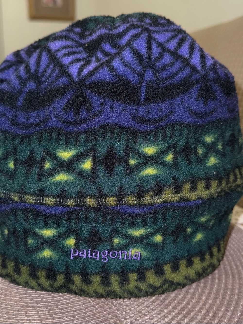 Vintage Patagonia Synchilla fleece beanie in a green and blue geometric patter